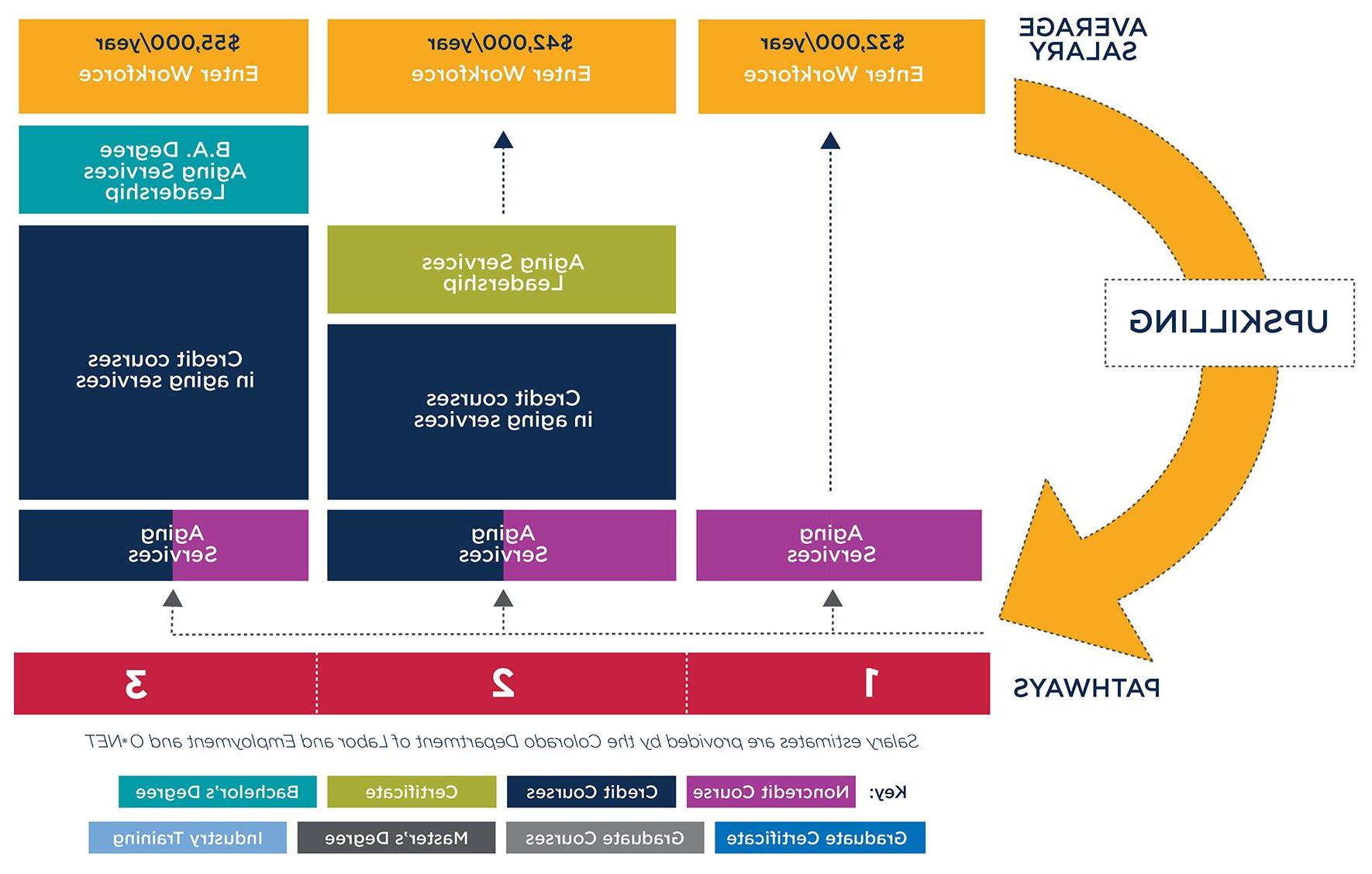 Graphic showing pathways to either enter the workforce after taking the Aging Services course or to convert the course to credit and continue towards a degree at MSU Denver.