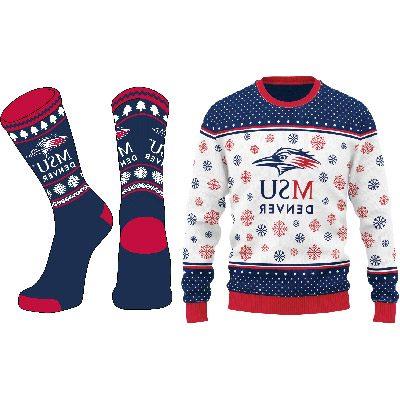 MSU Denver holiday-themed sweater and socks with red and blue snowflakes